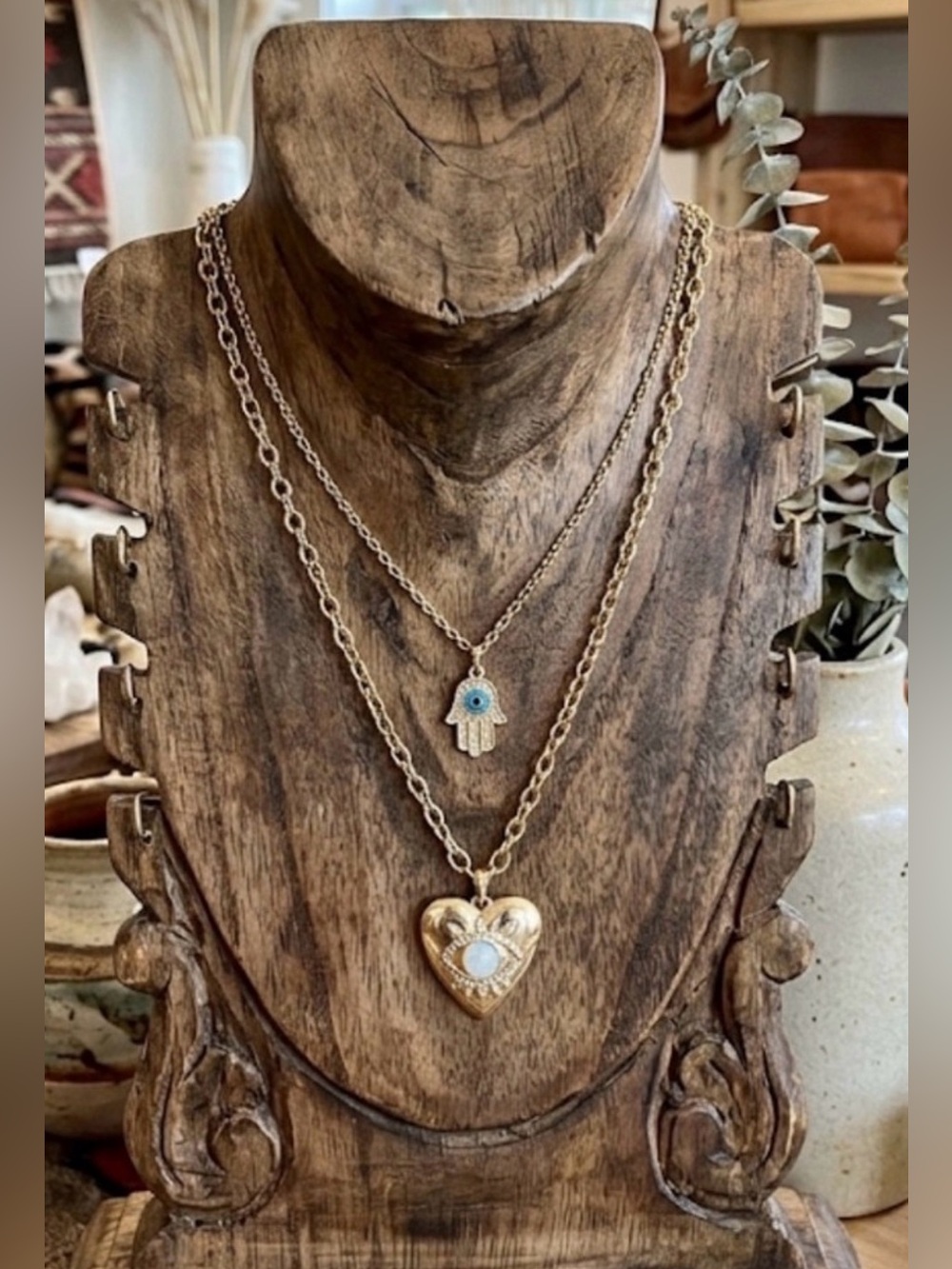 Artisan Gold Layered Heart & Hamsa Necklace with Blue Accent